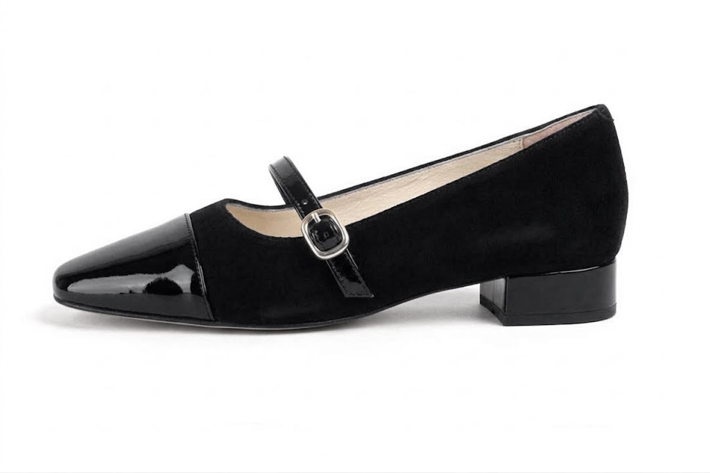 Women's jet black and pitch black low-heel ballet flats with square toe and low block heel - Profile view